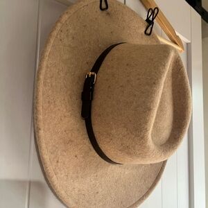 Cost Plus World Market Beige Felt Fedora with Brown Band and Gold Buckle